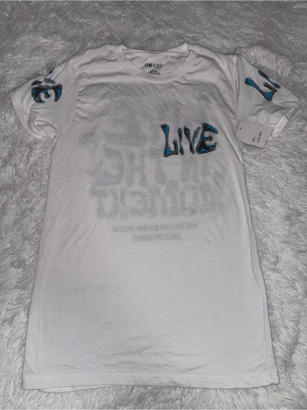 On Fire White Tee with Blue 'LIVE' Graphic